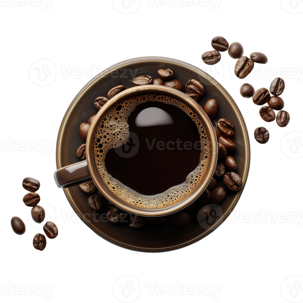 top down view of a cup of coffee accompanied by coffee beans png
