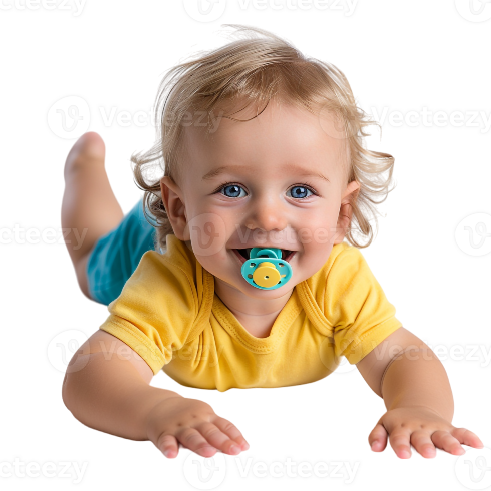 smiling baby lying on the floor with a pacifier in its mouth png