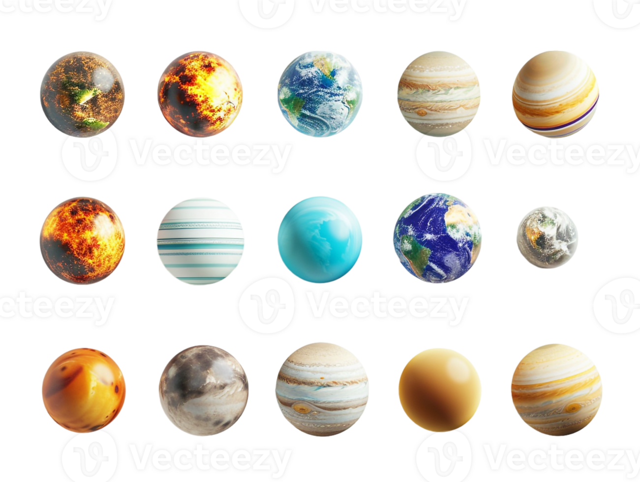 set of planets from the solar system, isolated against a transparent background png