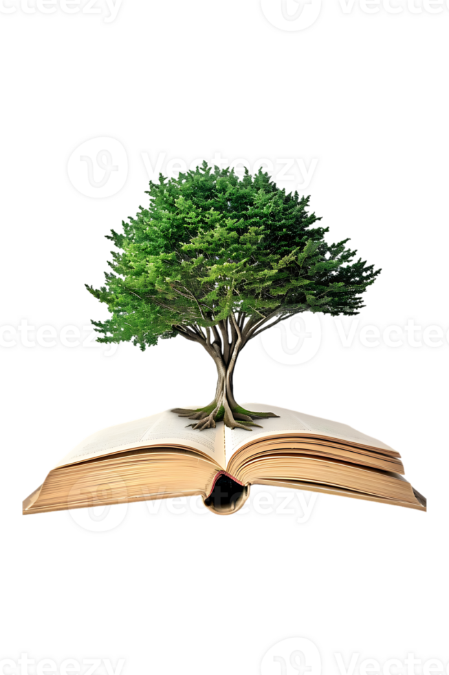 Tree emerging into an open book, isolated against a transparent background png