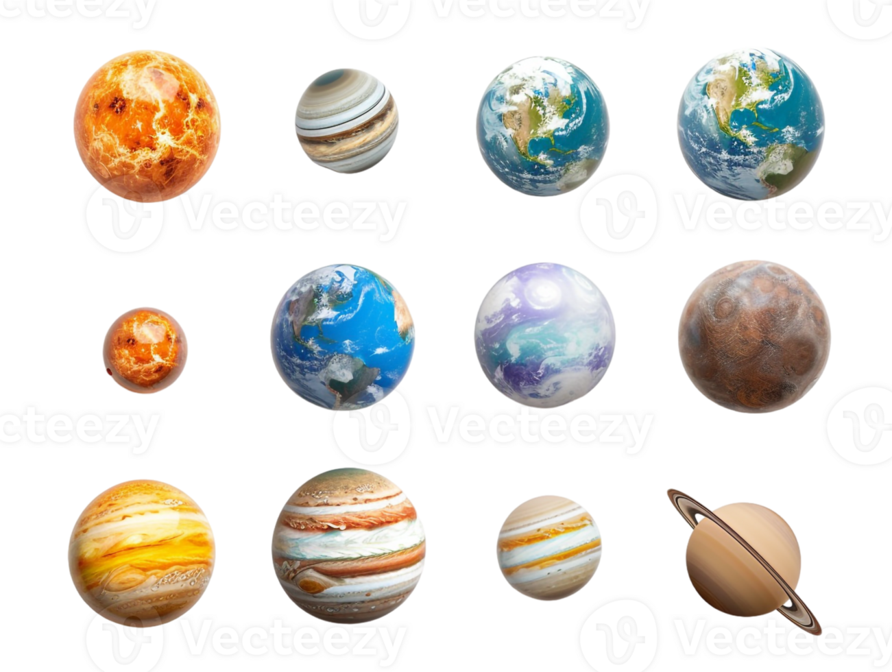 set of planets from the solar system, isolated against a transparent background png