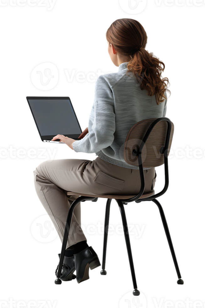 woman sitting on a chair and using a laptop, isolated against a transparent background png