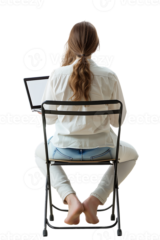 woman sitting on a chair and using a laptop, isolated against a transparent background png