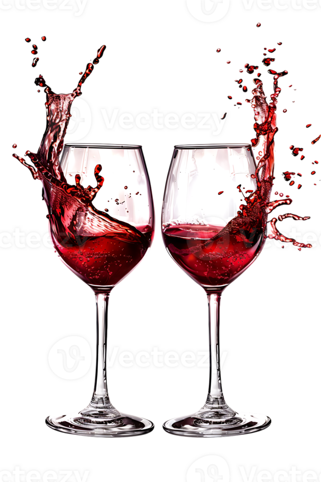 Two red wine glasses toasting with splash, isolated on transparent background png