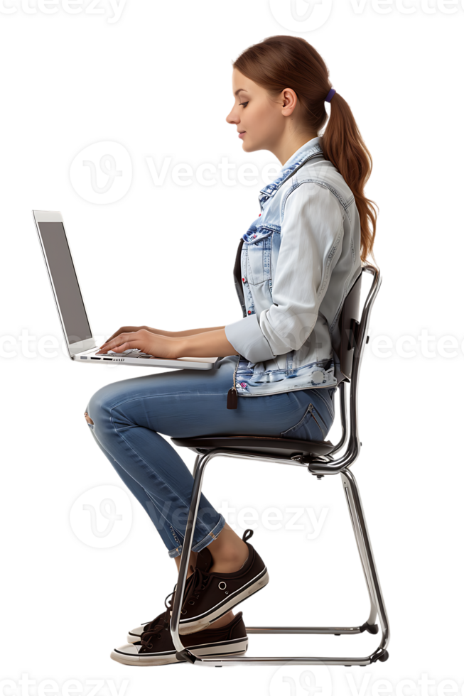woman sitting on a chair and using a laptop, isolated against a transparent background png
