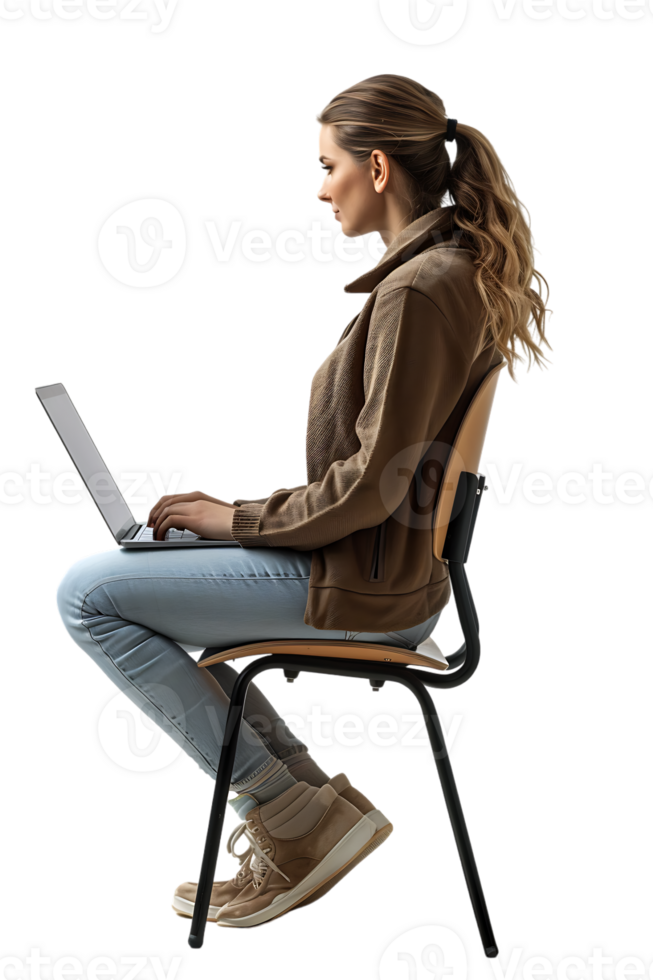 woman sitting on a chair and using a laptop, isolated against a transparent background png