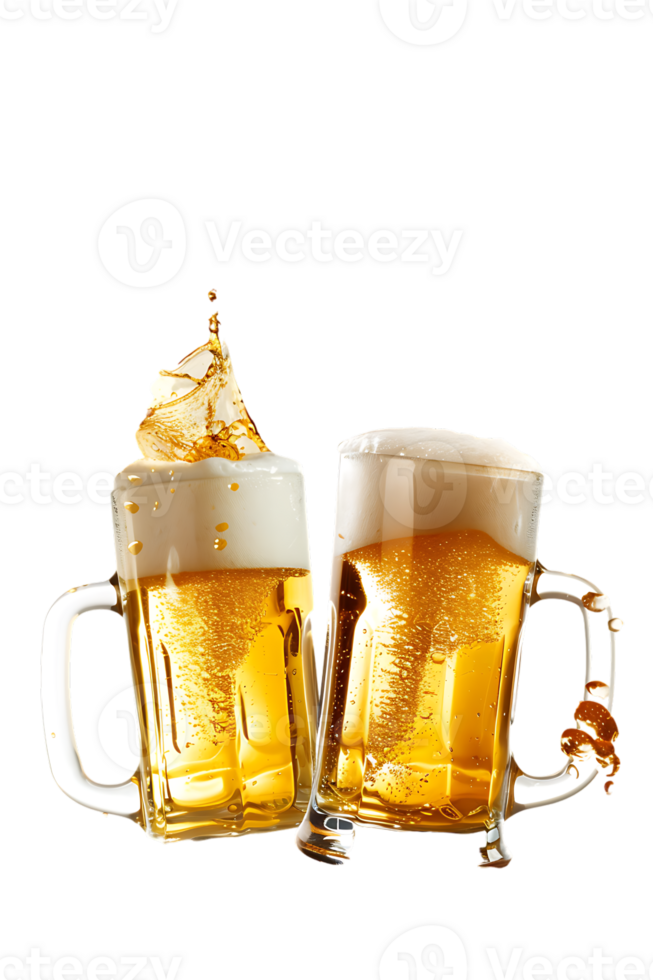 Two beer mugs clinking with splashing cheers, isolated on transparent background png