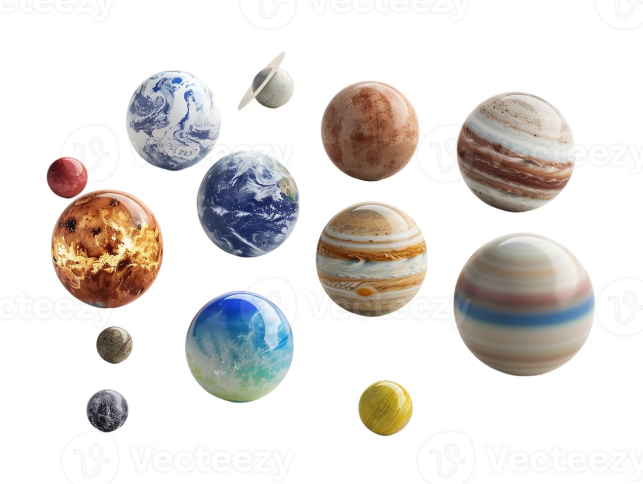 set of planets from the solar system, isolated against a transparent background png
