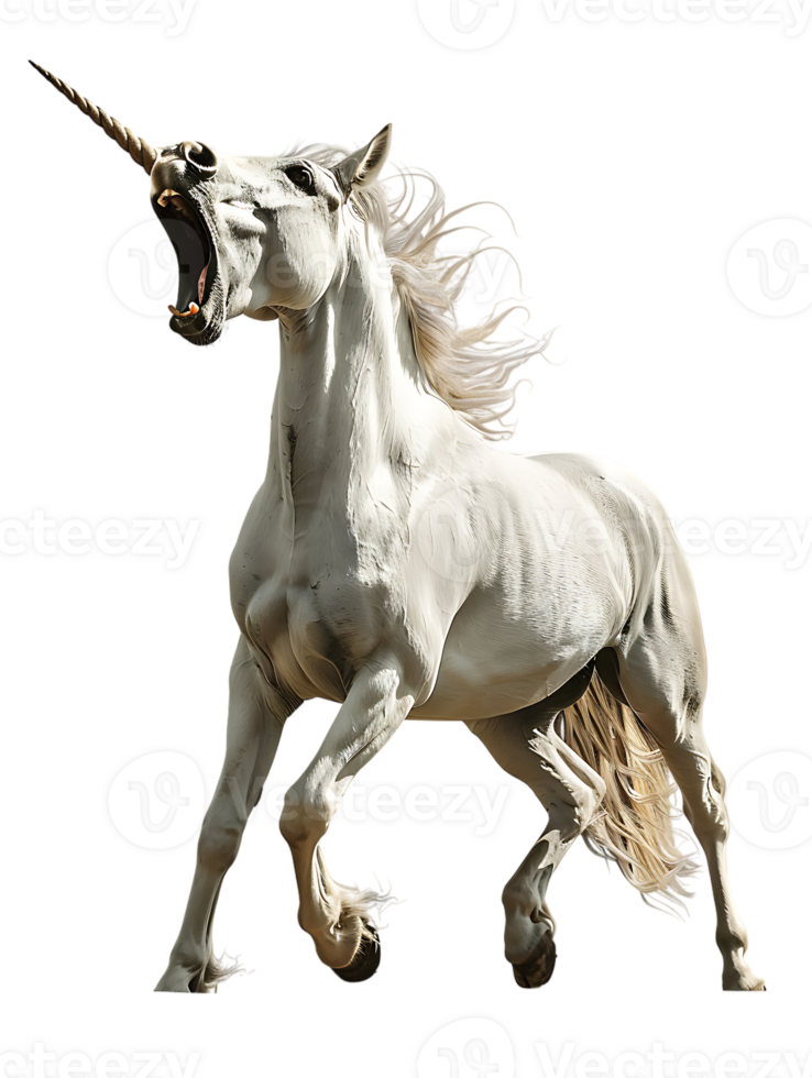 Unicorn yelling to the sky, isolated against a transparent background png
