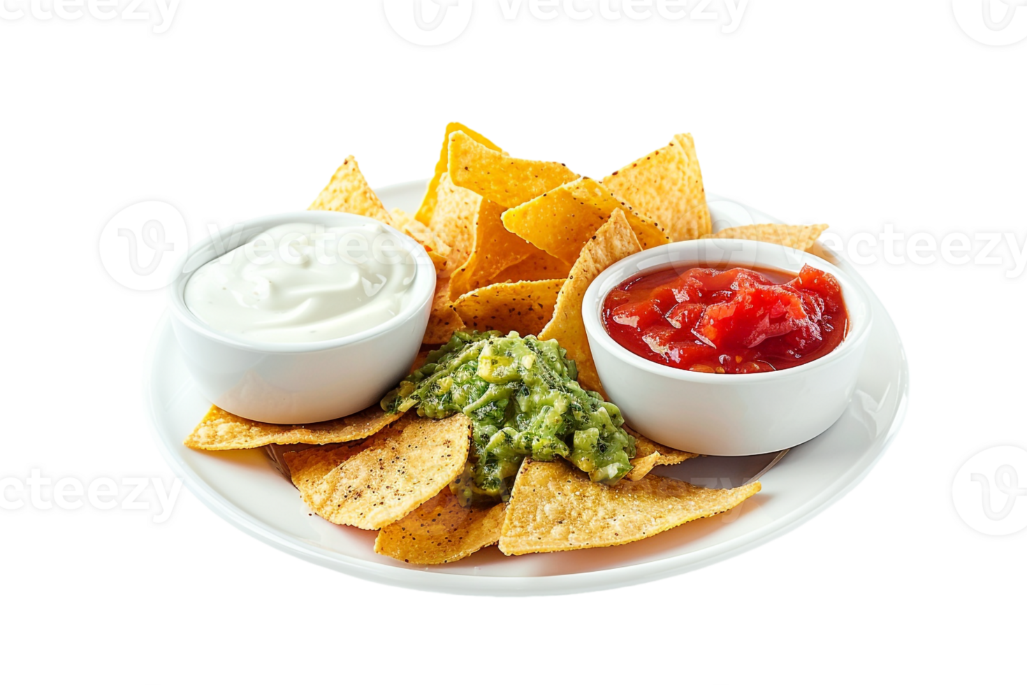 serving of nachos accompanied by two types of dipping sauces png