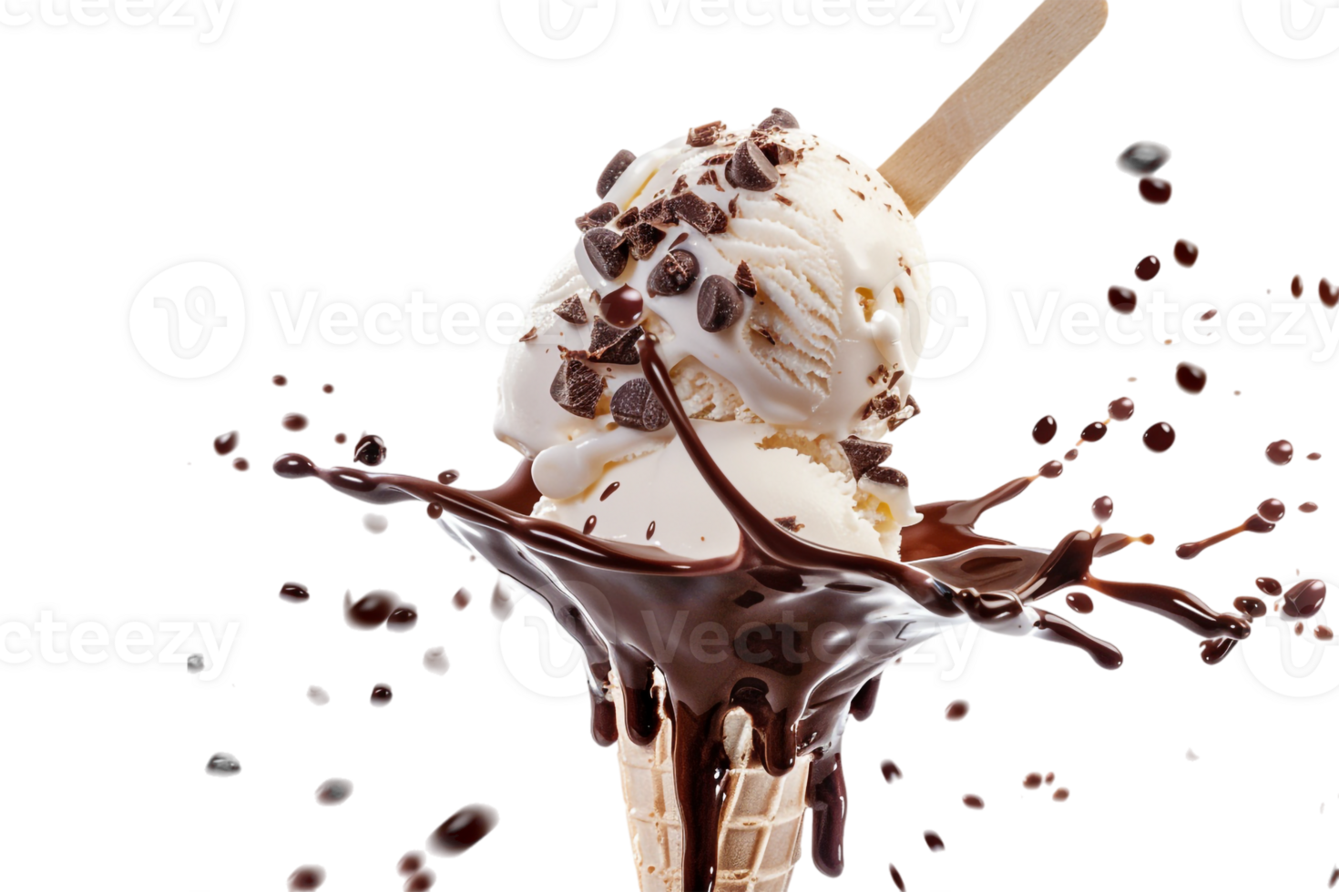 stick kulfa ice cream with a chocolate splash, isolated against a transparent background png