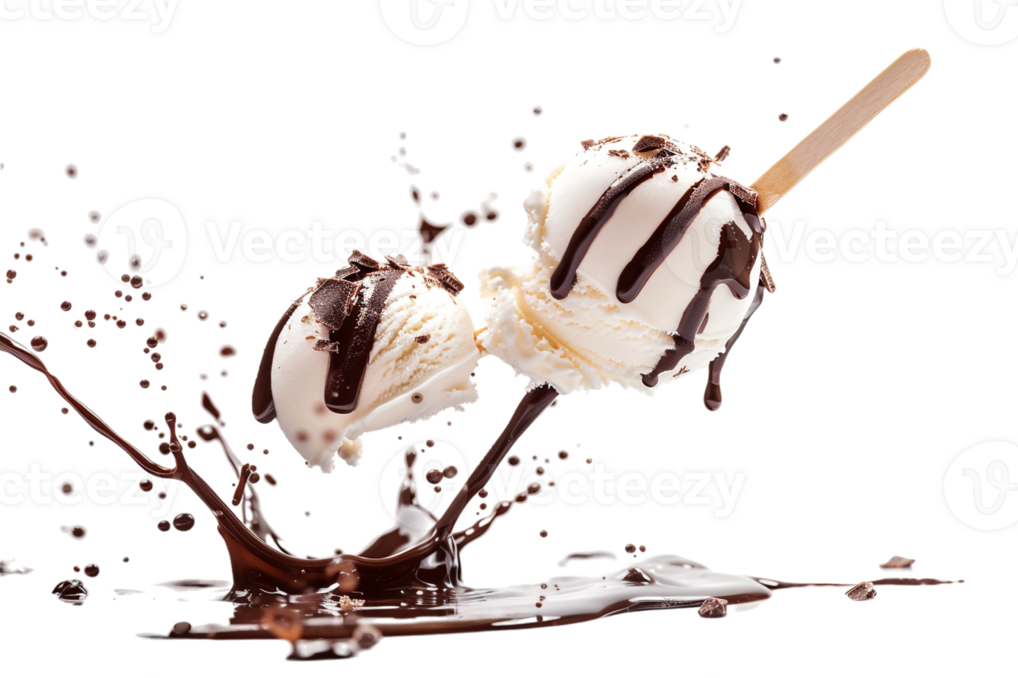 stick kulfa ice cream with a chocolate splash, isolated against a transparent background png