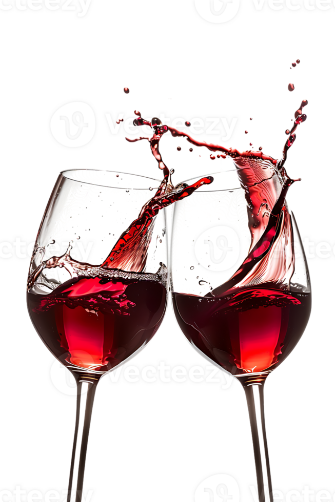 Two red wine glasses toasting with splash, isolated on transparent background png