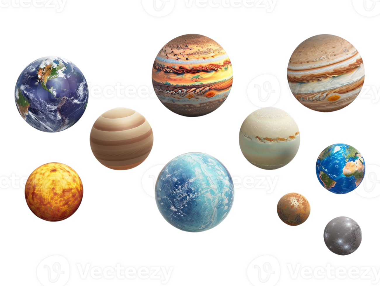 set of planets from the solar system, isolated against a transparent background png