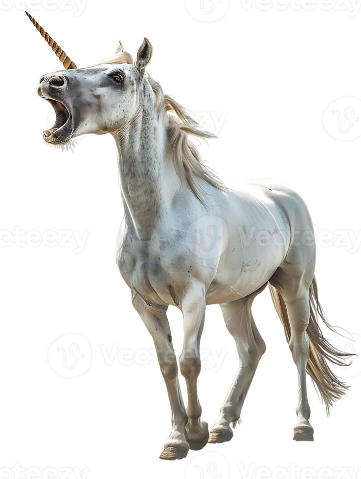 Unicorn yelling to the sky, isolated against a transparent background png