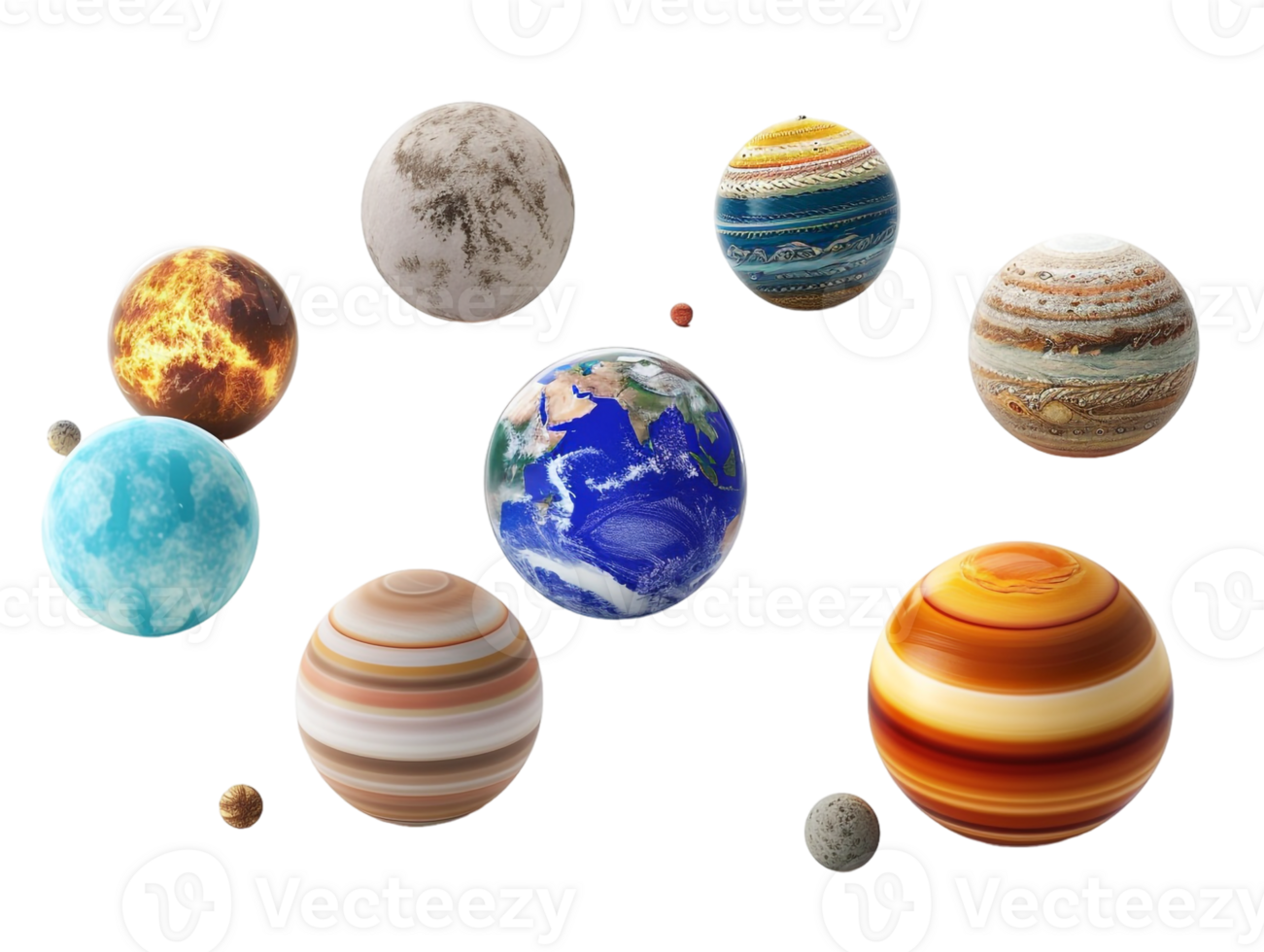 set of planets from the solar system, isolated against a transparent background png