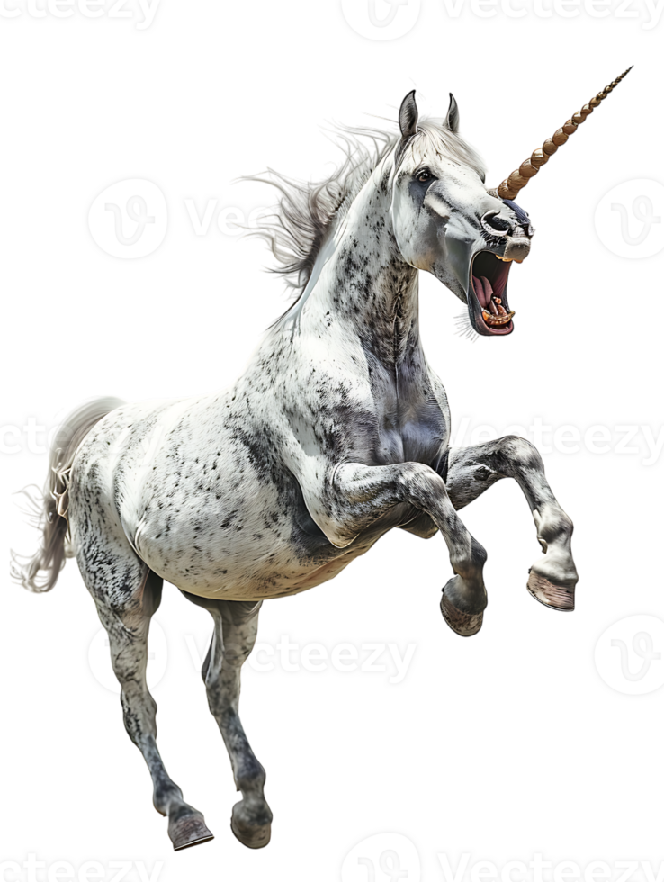 Unicorn yelling to the sky, isolated against a transparent background png