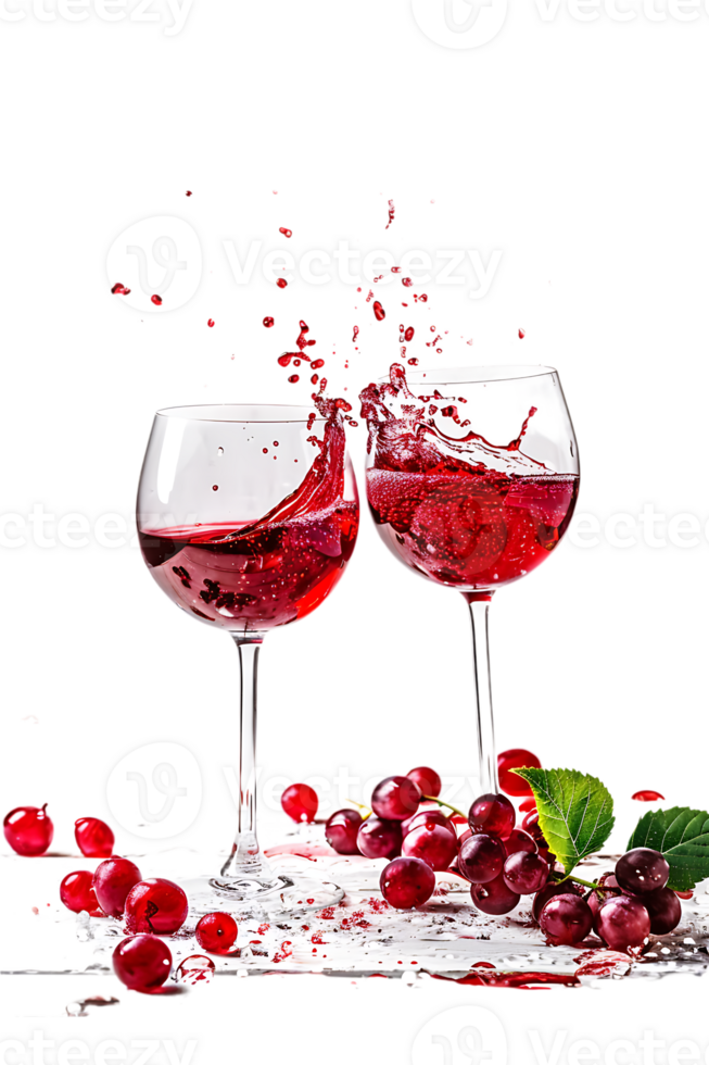 Two red wine glasses toasting with splash, isolated on transparent background png