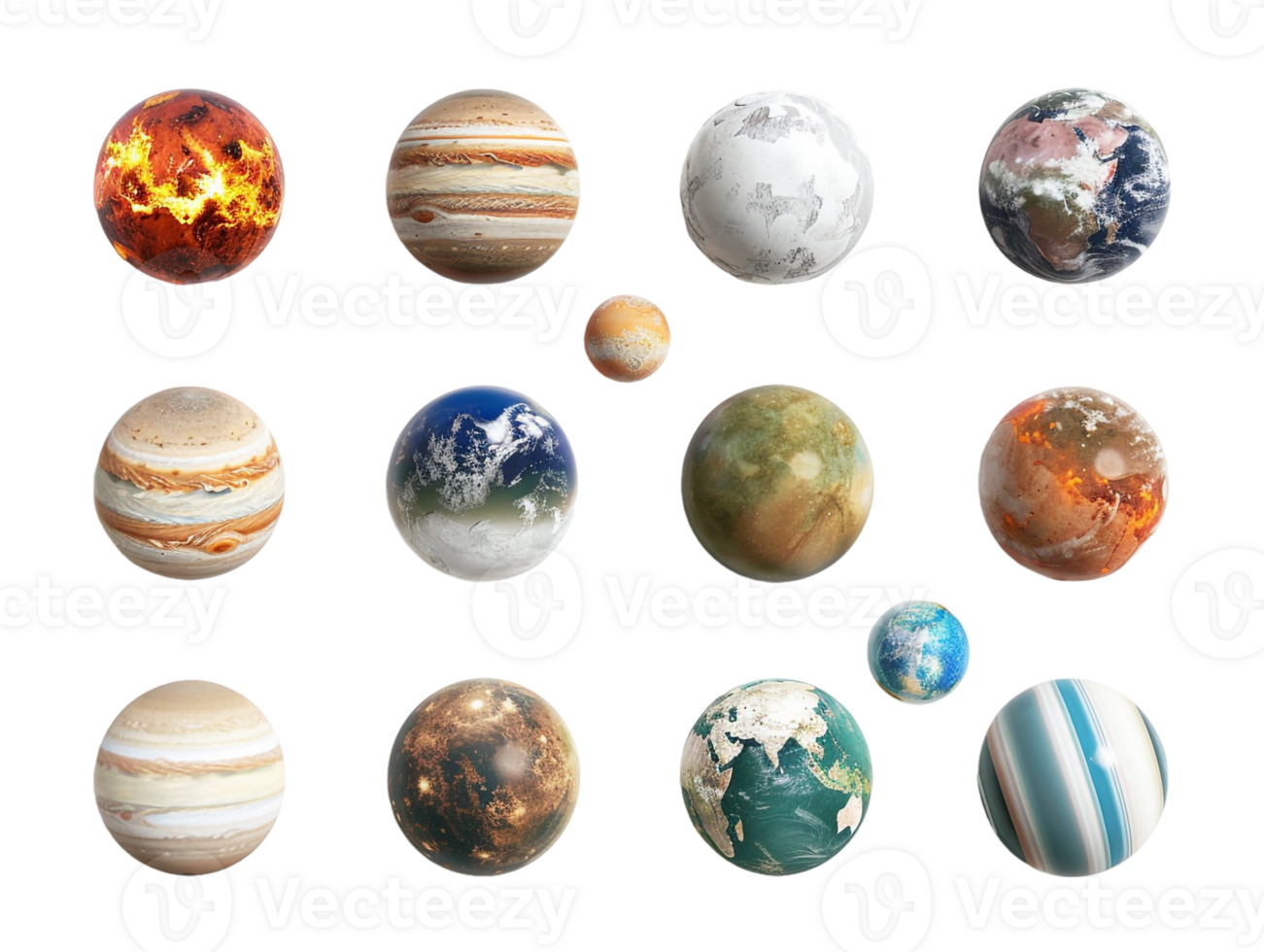 set of planets from the solar system, isolated against a transparent background png