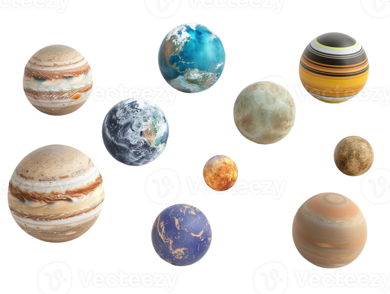 set of planets from the solar system, isolated against a transparent background png
