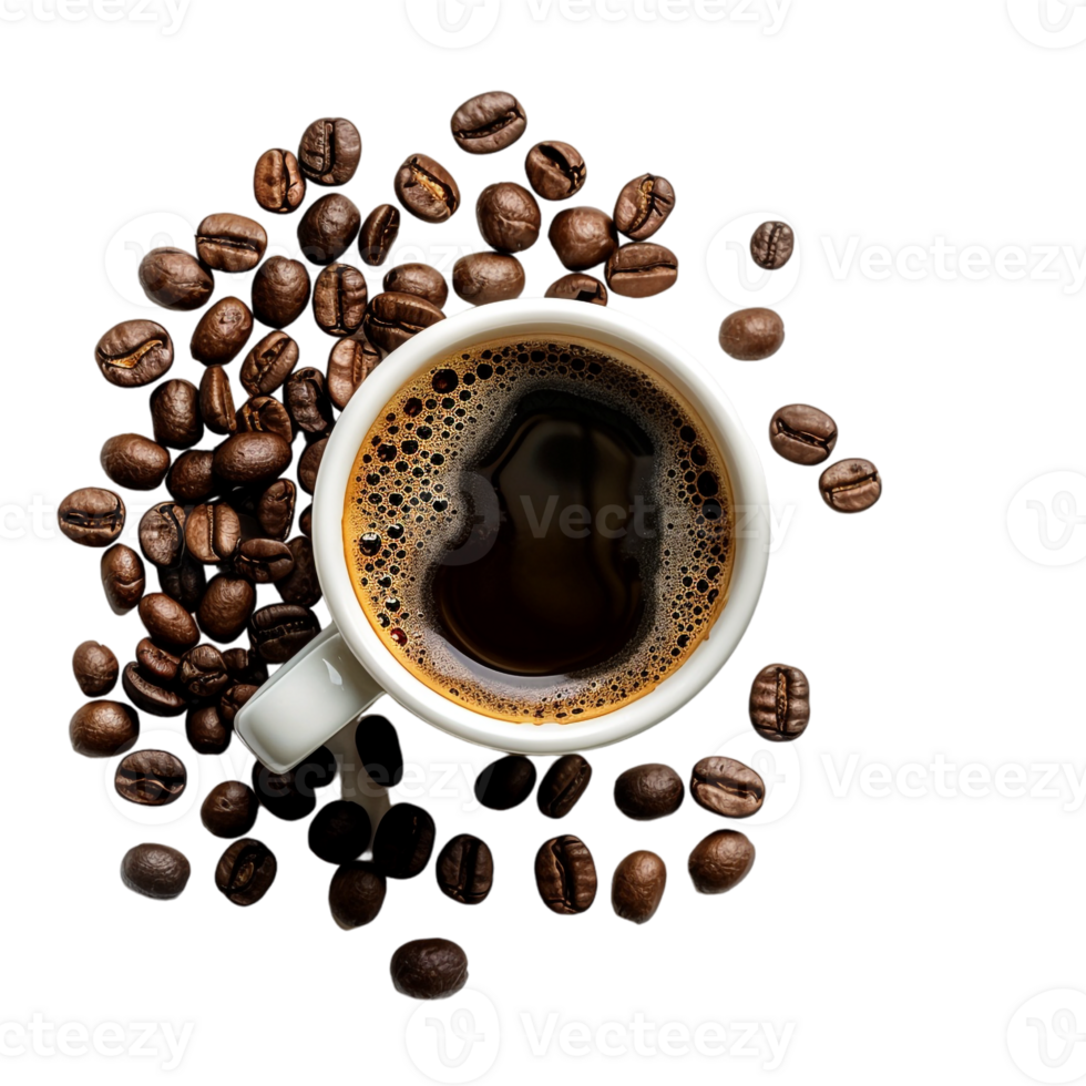 top down view of a cup of coffee accompanied by coffee beans png