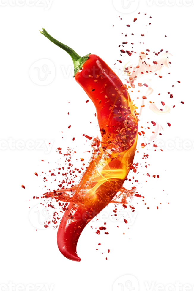 Red hot chili pepper with a splash of fire, isolated against a transparent background png