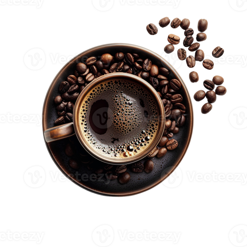 top down view of a cup of coffee accompanied by coffee beans png