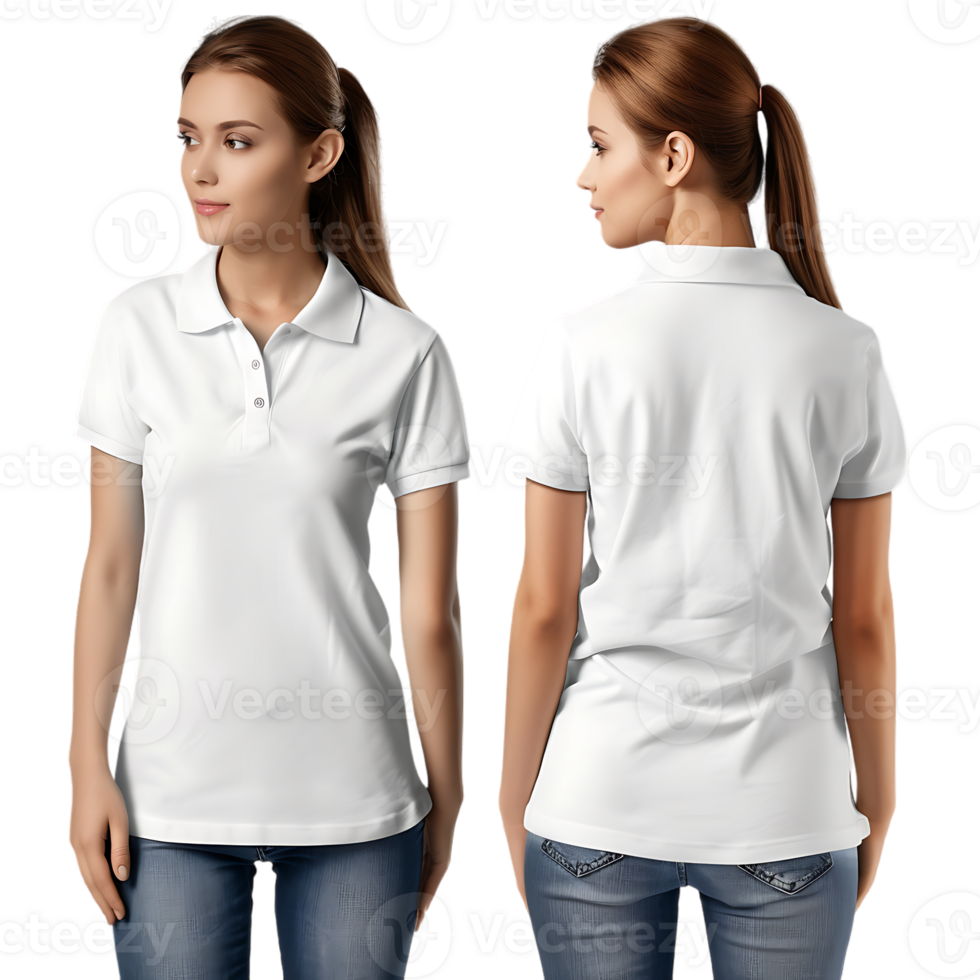woman wearing a front and back shirt mockup, against a transparent background png