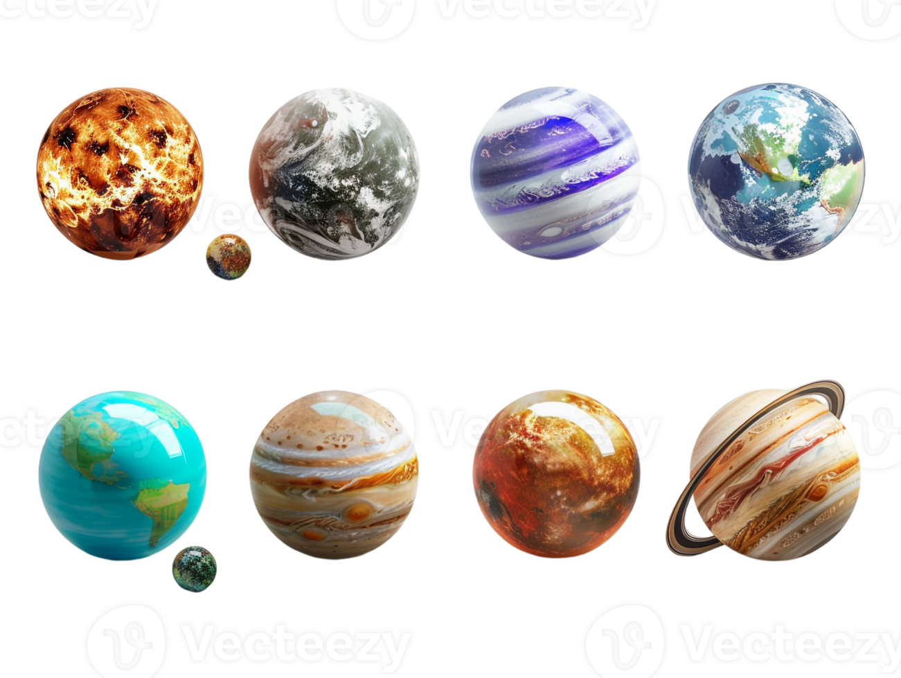 set of planets from the solar system, isolated against a transparent background png