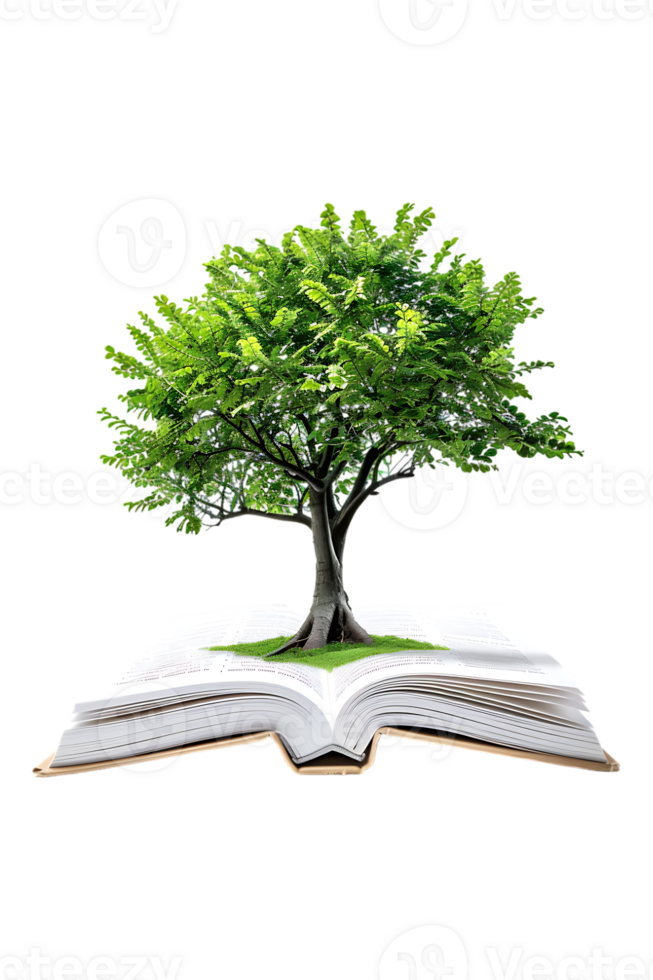 Tree emerging into an open book, isolated against a transparent background png