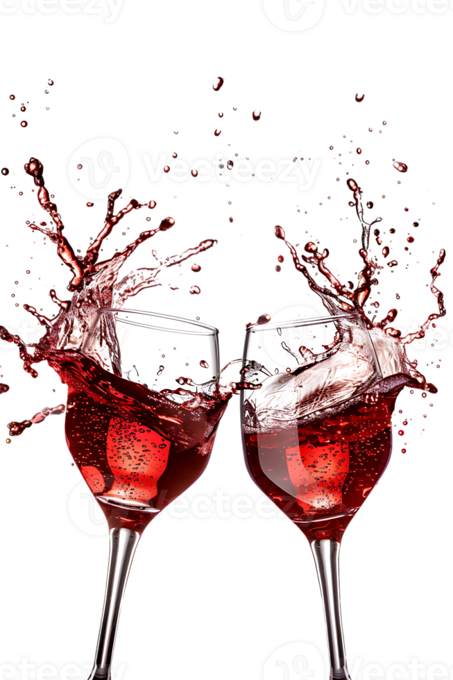Two red wine glasses toasting with splash, isolated on transparent background png