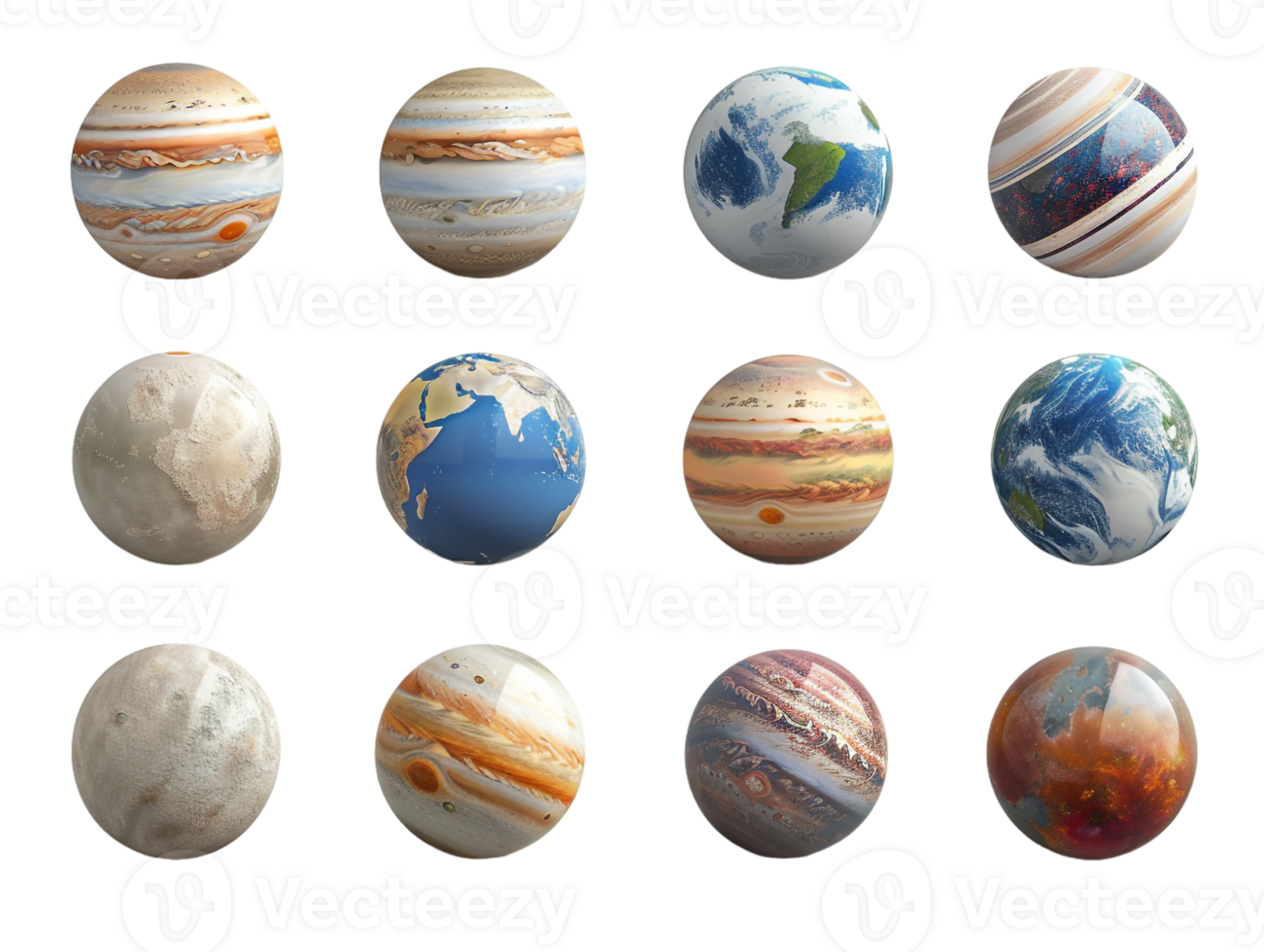 set of planets from the solar system, isolated against a transparent background png