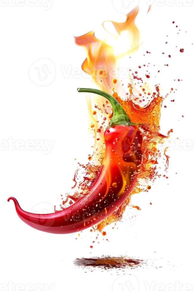 Red hot chili pepper with a splash of fire, isolated against a transparent background png