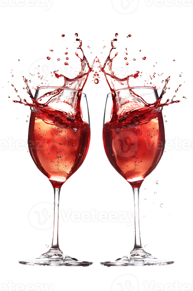 Two red wine glasses toasting with splash, isolated on transparent background png