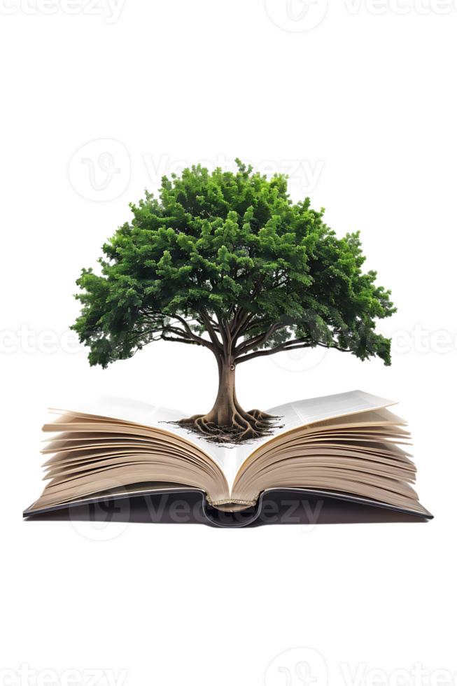Tree emerging into an open book, isolated against a transparent background png