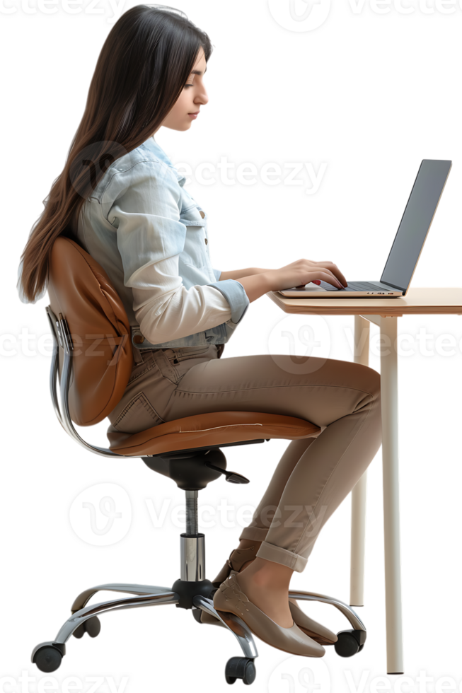 woman sitting on a chair and using a laptop, isolated against a transparent background png