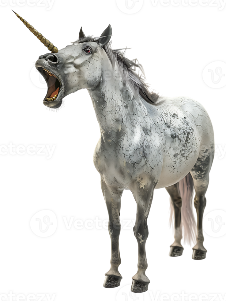 Unicorn yelling to the sky, isolated against a transparent background png