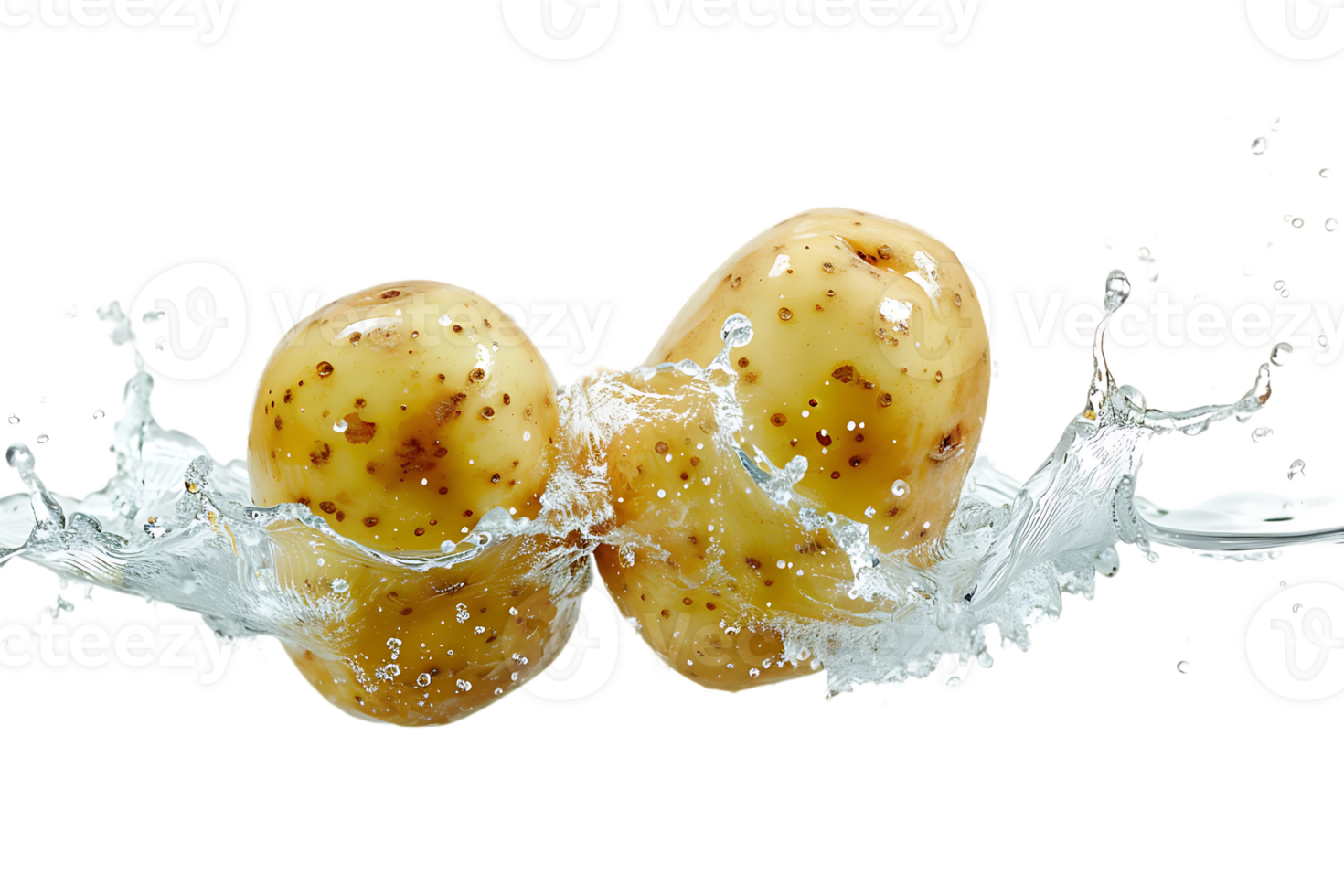 Two flying potatoes with water splash, isolated against a transparent background png