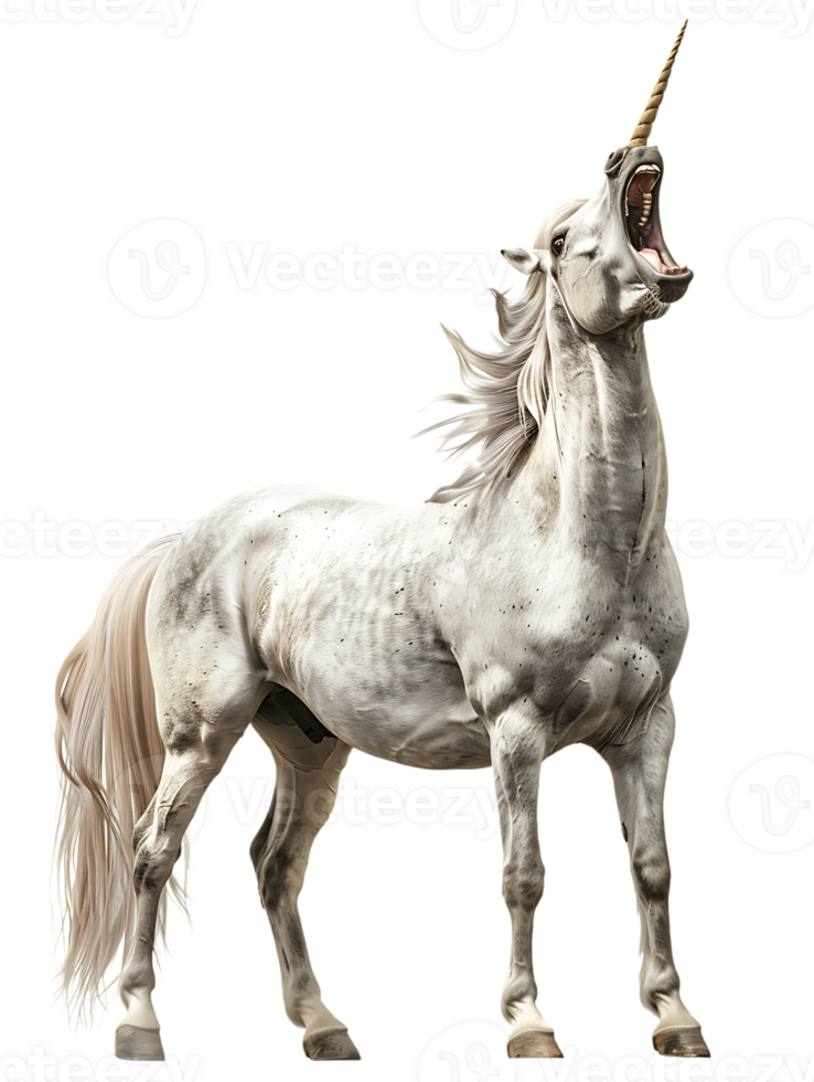 Unicorn yelling to the sky, isolated against a transparent background png