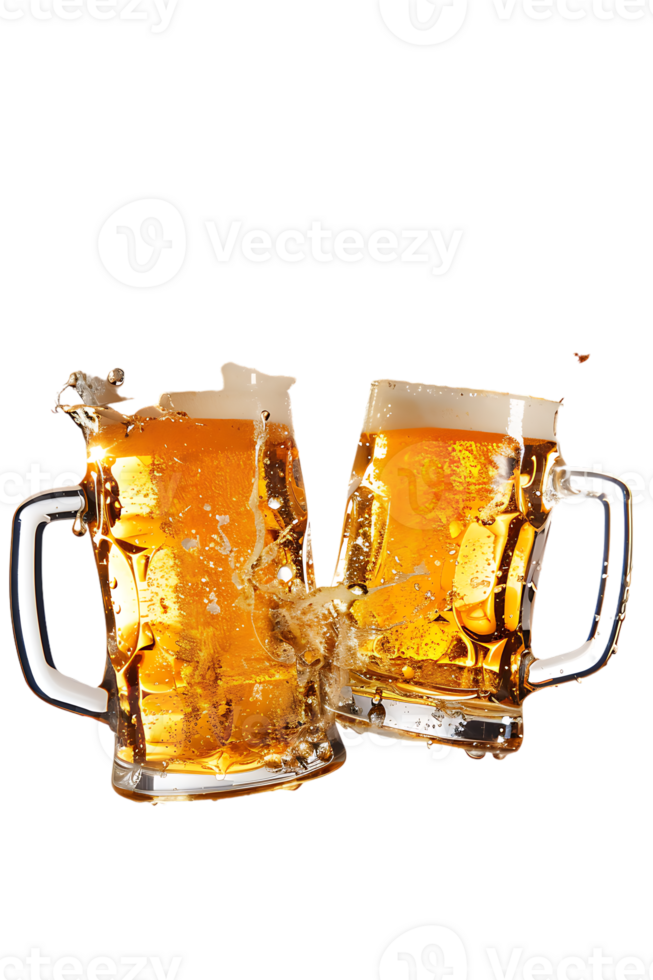 Two beer mugs clinking with splashing cheers, isolated on transparent background png
