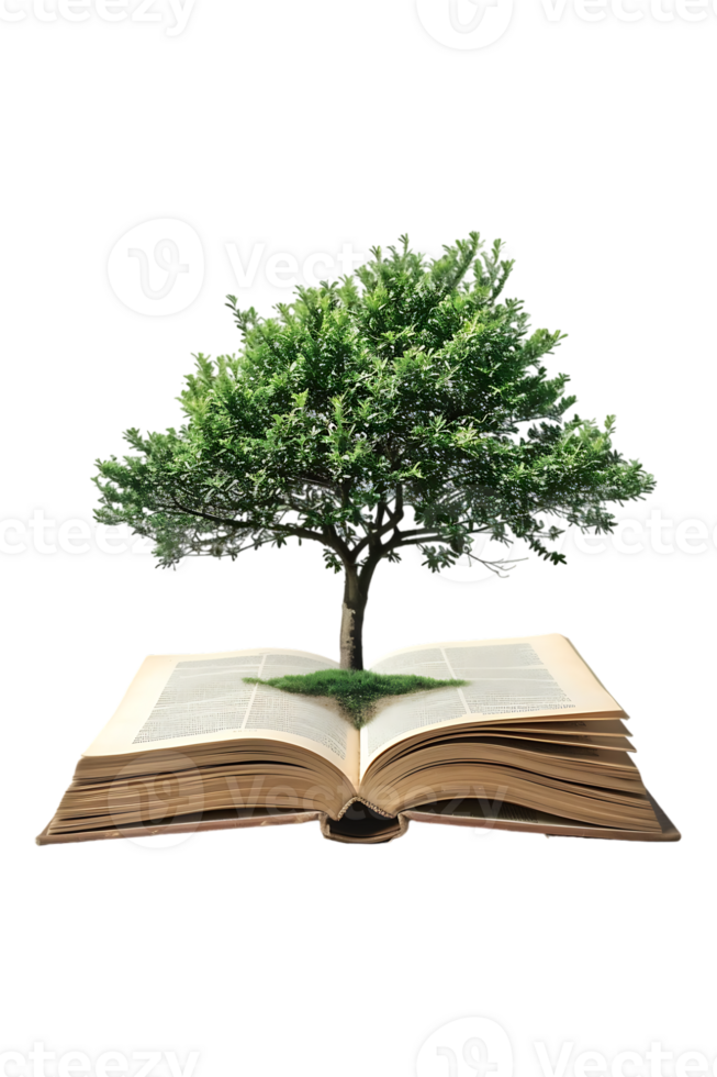 Tree emerging into an open book, isolated against a transparent background png