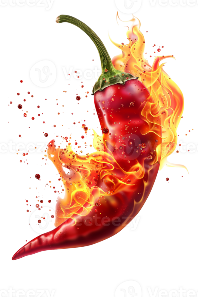 Red hot chili pepper with a splash of fire, isolated against a transparent background png