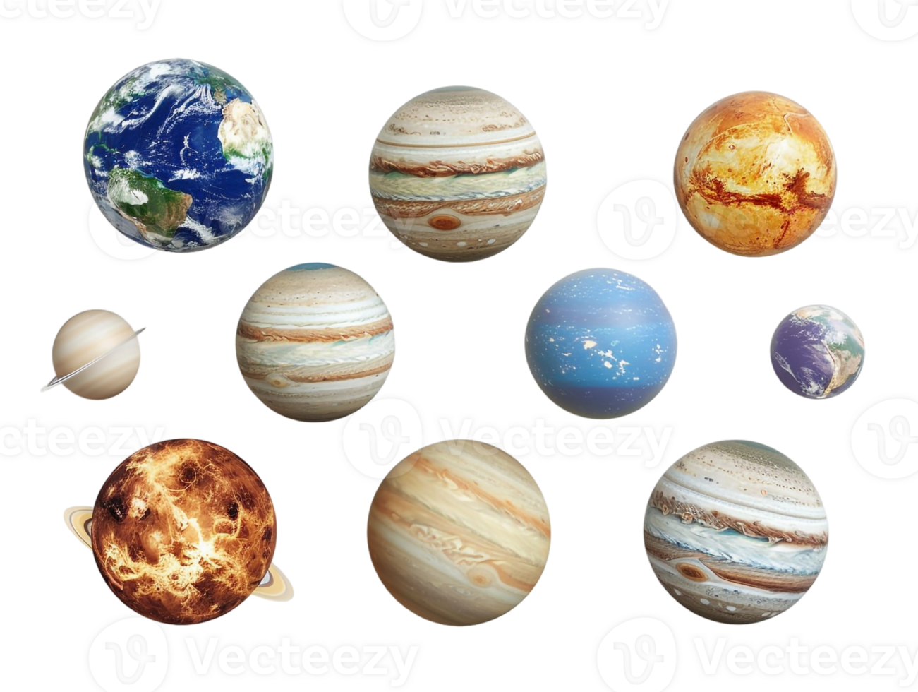 set of planets from the solar system, isolated against a transparent background png