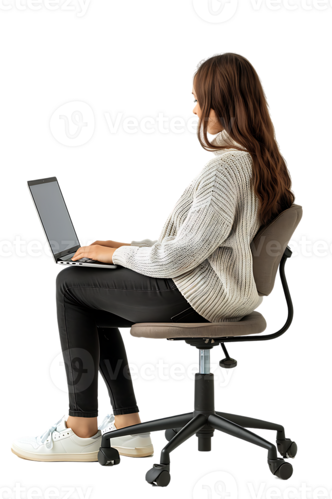 woman sitting on a chair and using a laptop, isolated against a transparent background png
