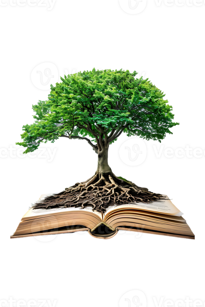 Tree emerging into an open book, isolated against a transparent background png