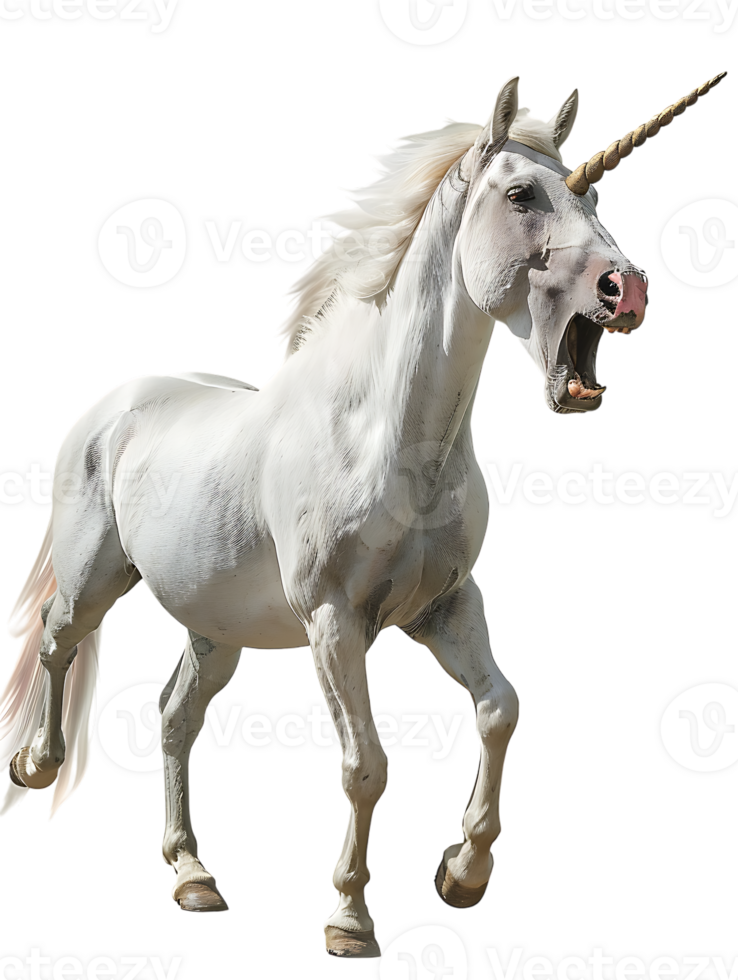 Unicorn yelling to the sky, isolated against a transparent background png