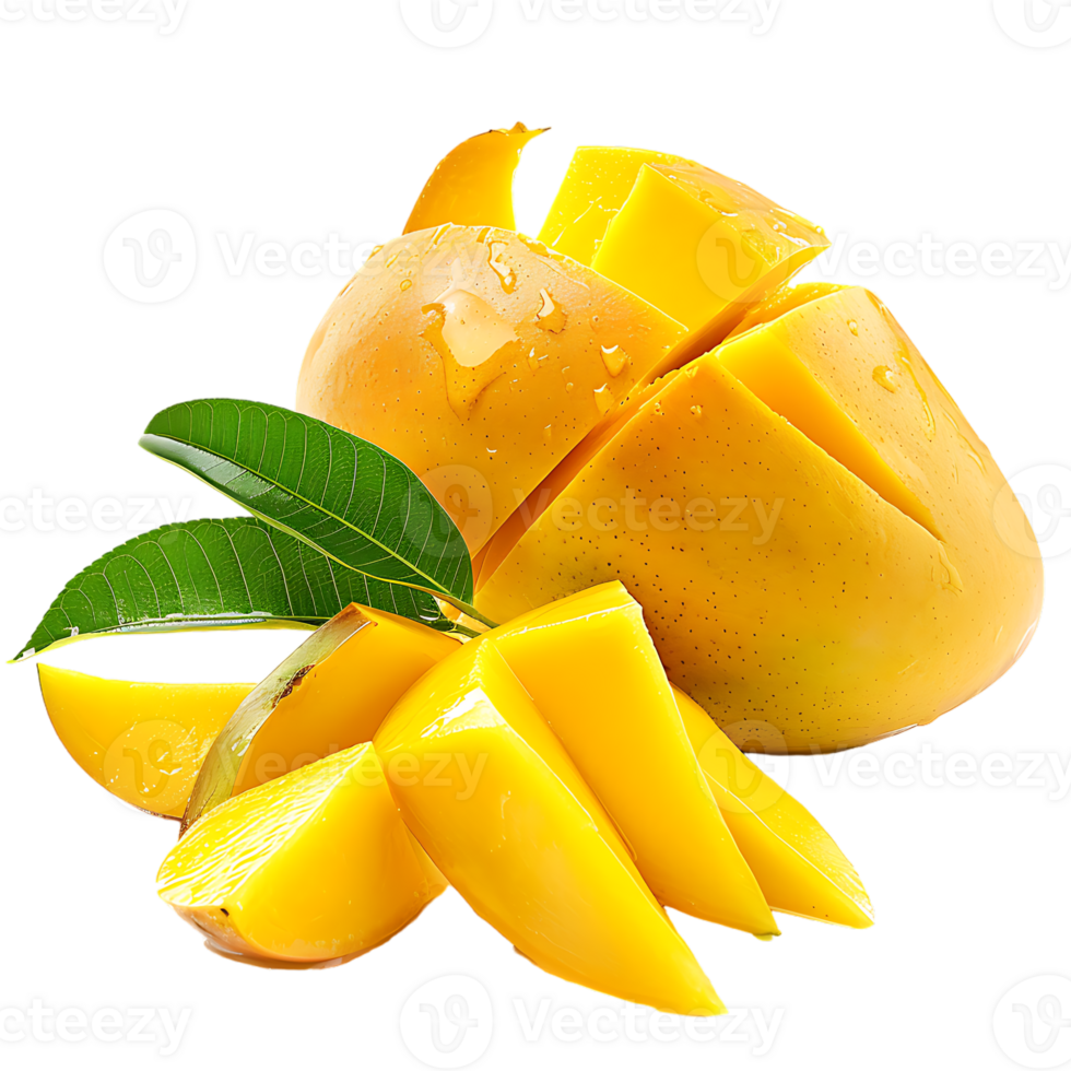 whole and sliced mango, isolated against a transparent background png