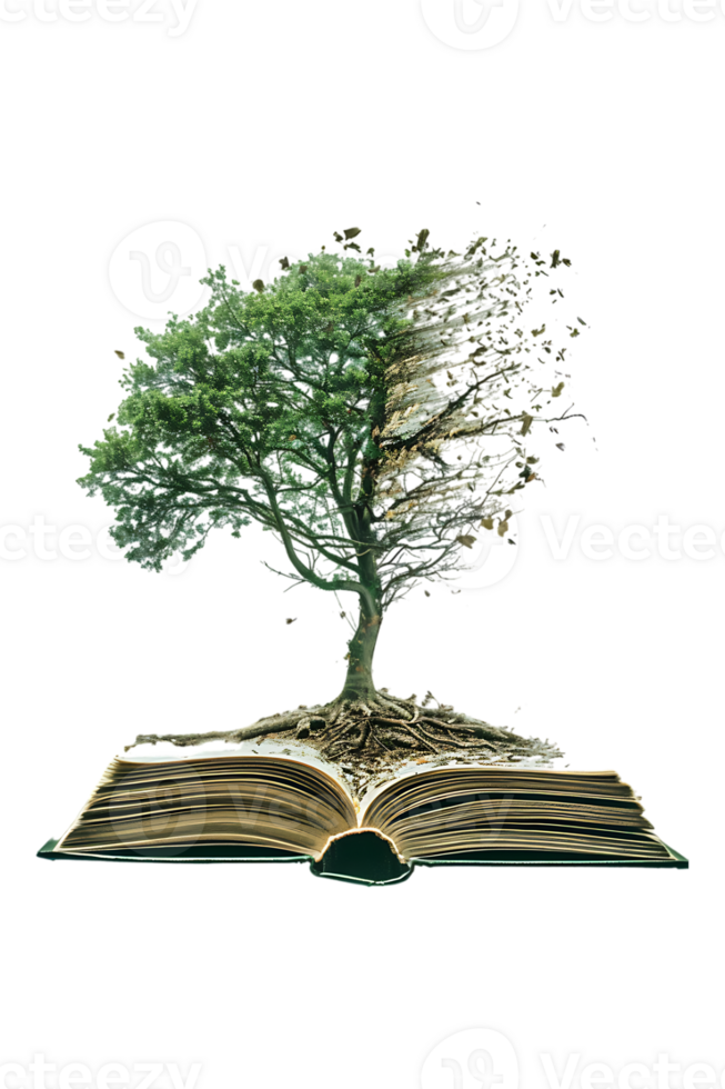Tree emerging into an open book, isolated against a transparent background png