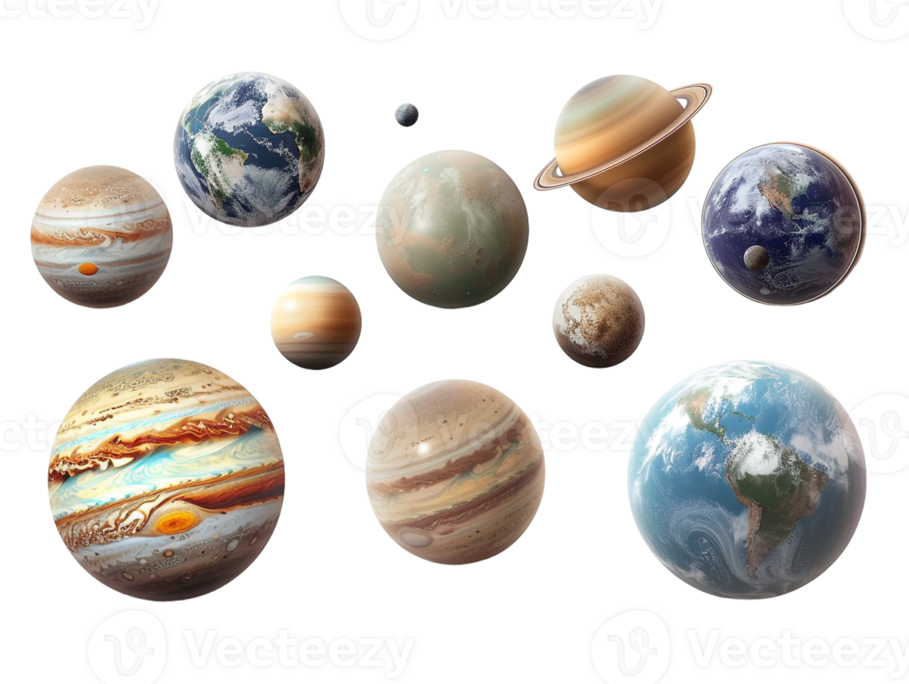 set of planets from the solar system, isolated against a transparent background png