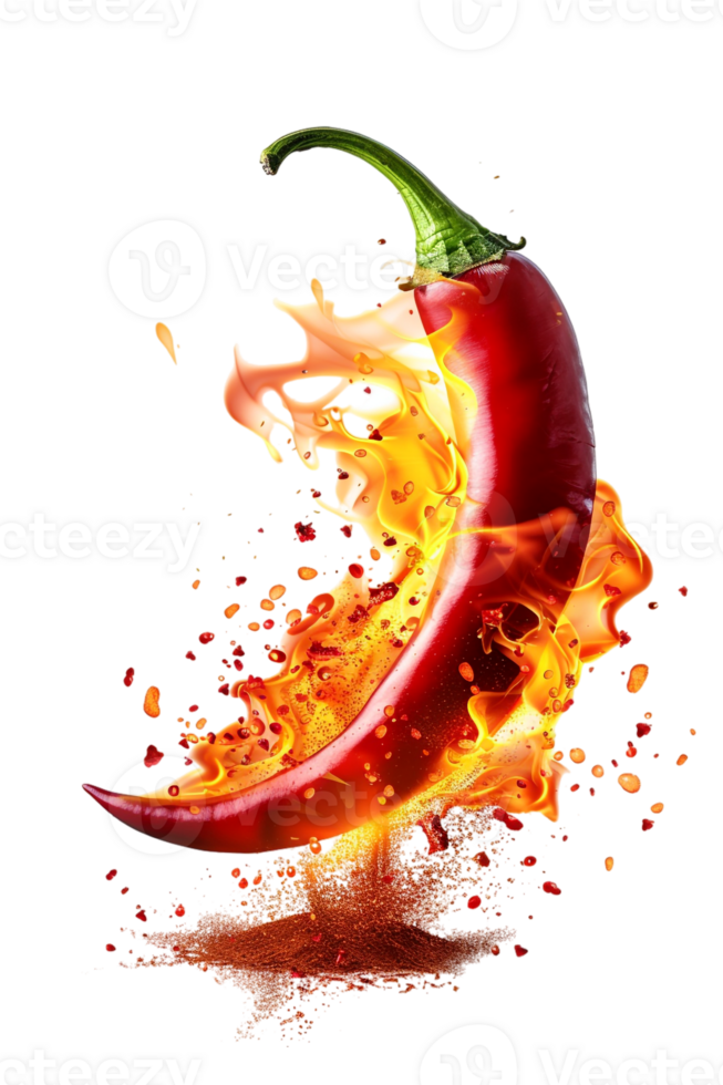 Red hot chili pepper with a splash of fire, isolated against a transparent background png